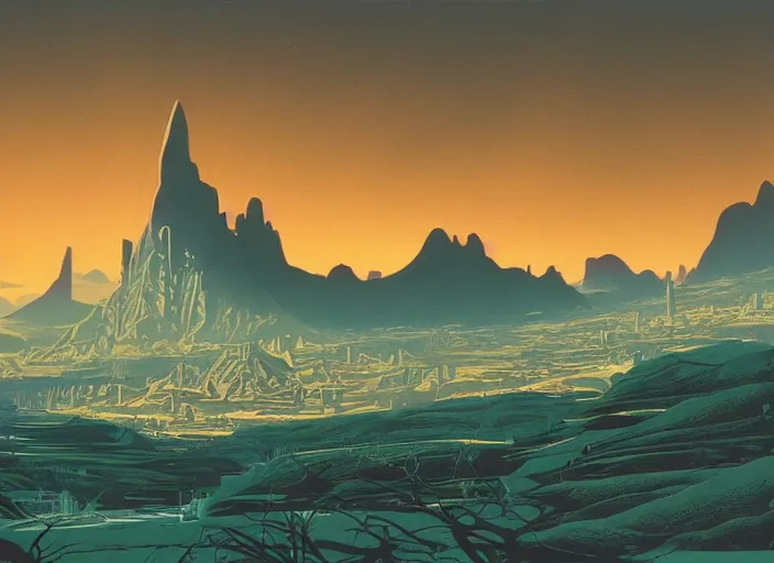 Image similar to ground view of a future city surrounded by mountains. style by peter elson and eyvind earle.