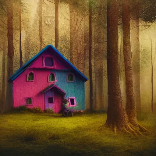 Prompt: small wooden house in the middle of spring forest, bright colours, watercolor, volumetric wool felting, macro photography, children illustration, by mike winkelmann