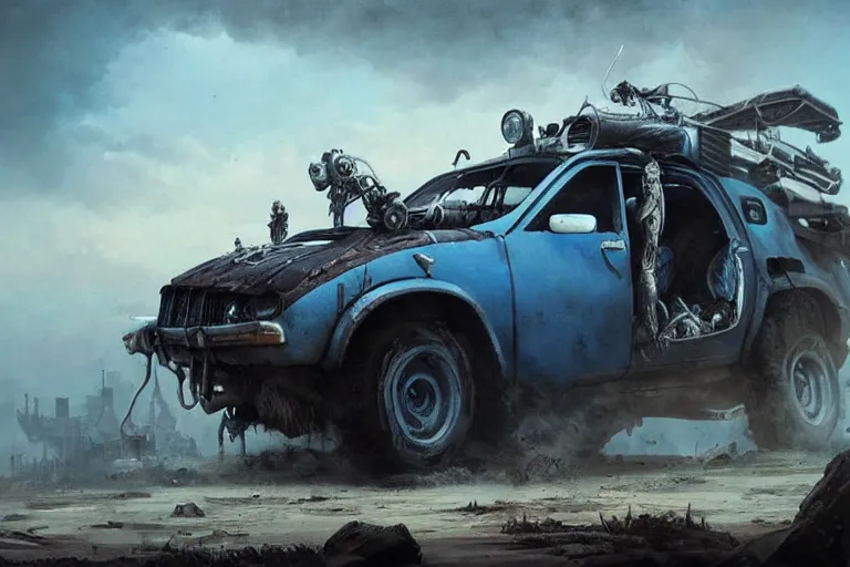 Image similar to a Dacia 1310, in Mad Max style, coriolios rpg art style, full of details, dark sci-fi, cold blue colors, matte painting, artstation, 8k, hyperrealistic, style of peter mohrbacher