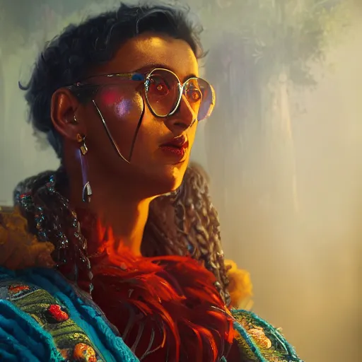 Image similar to an oil art close up portrait of young roma mage with hex magic in style of disco elysium character, gipsy jester character design from ravenloft, 4 k, ultra detail, volumetric lighting, unreal engine, octane render