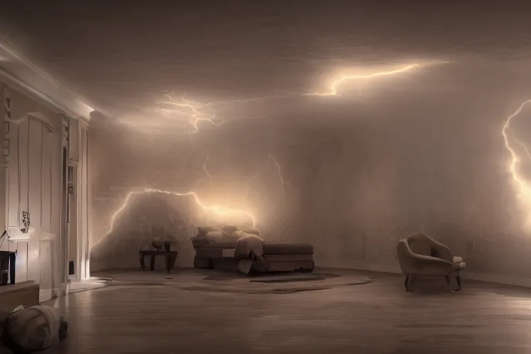 Image similar to a mini thunderstorm cloud inside a room, wide angle, photorealistic, cinematic lighting, high detail, cinematic feel, high octane, 4K, Unreal Engine