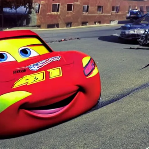 Image similar to a photo of lightning mcqueen, after a horrific traffic accident where he was t - boned by mac.