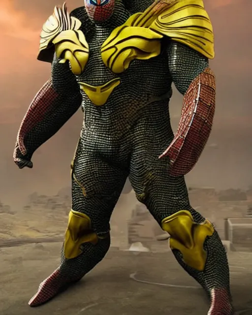 Prompt: super detailed photo realistic brute armor designed at horizon labs to help protect peter after the loss of his spider - sense, black and yellow spiderman suit