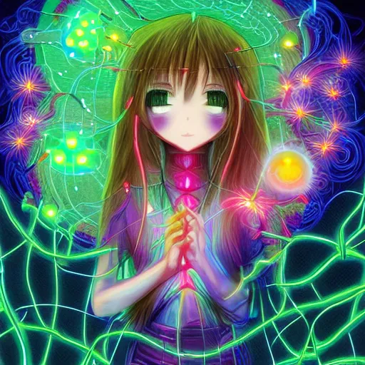 Image similar to anime girl electronic circuitry, with fireflies with a thick mane of bioluminescent vines and flowers by chris dyer and alex grey street art, trending on artstation, dramatic lighting, octane render, weta digital, trending on deviant art, deepdream, ray trace