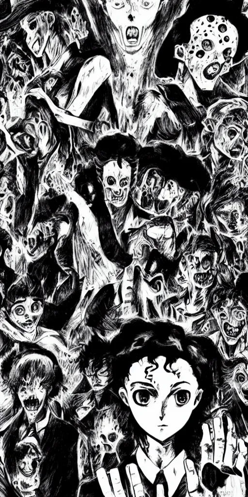 Image similar to Jojo bizarre adventure, horror, creepy, dark, manga, pencil, inspired by junji ito, superior quality, masterpiece