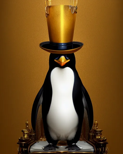 Prompt: oil painting of posh penguin wearing top hat sitting on golden throne, sharp focus, fantasy style, golden steampunk treasury backround, octane render, volumetric lighting, 8k high definition, by greg rutkowski, highly detailed, trending on art Station, magic the gathering artwork, centered