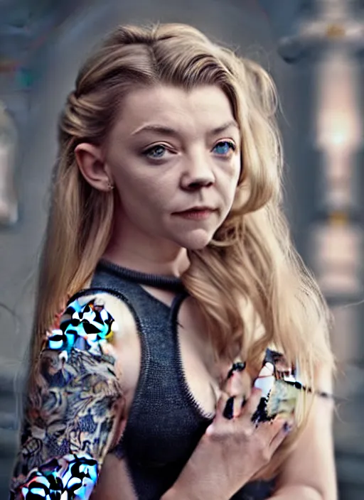 Prompt: natalie dormer wearing miniskirt with fox - tail doing a backflip, beautiful tattoos, focus, zeiss lens, detailed, symmetrical, centered, breathtaking, 8 k resolution, extremely detailed, beautiful, artistic, hyperrealistic, award - winning photography