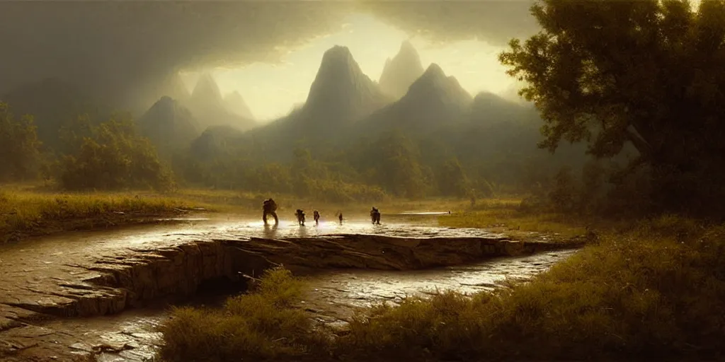 Image similar to a singe t - rex is crossing american plains with a small riverbed, mountaineous background, cloudy day, highly detailed, digital art, by greg rutkowski, by albert bierstadt