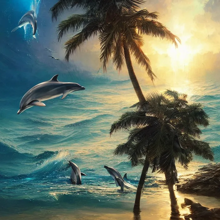 Image similar to dolphins swimming, golden hour, god rays, by greg rutkowski and artgerm and ruan jia and ismail inceoglu and greg olsen, palm trees, cosmos, milky way galaxy, masterpiece, beautiful, intricate, elegant, highly detailed