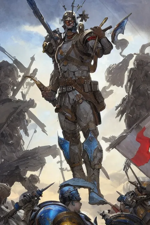 Image similar to A modern super soldier with a trident coat of armor and blue and yellow flag behind him is standing on a pile of skulls with Z character on foreheads, D&D, fantasy, painted character portrait, highly detailed, digital painting, artstation, concept art, sharp focus, illustration, art by artgerm and greg rutkowski and alphonse mucha