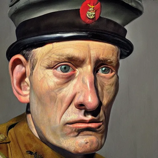 Image similar to high quality high detail painting by lucian freud, hd, exaggerated portrait of a soldier, photorealistic lighting