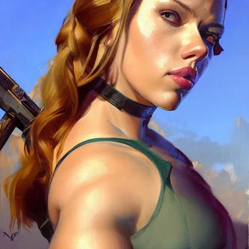 Image similar to greg manchess portrait of scarlett johansson as roided thick very muscular lara croft, fantasy, medium shot, asymmetrical, profile picture, organic painting, sunny day, matte painting, bold shapes, hard edges, street art, trending on artstation, by huang guangjian and gil elvgren and sachin teng