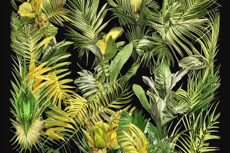 Image similar to photorealistic print of exotic, elegant tropical prints, isolated in a black background : : green surreal plants, golden flowers, art nouveau, trending on artstation