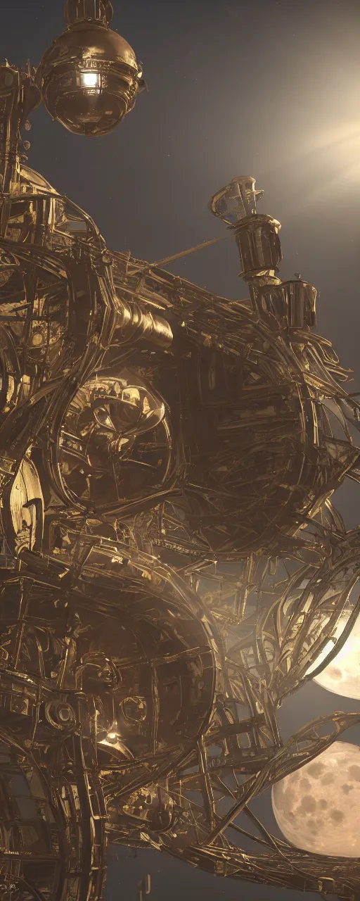 Prompt: Steam punk moon. Close. Photorealistic. 4k. God rays. Highly detailed. VRay Rendering. Unreal Engine.