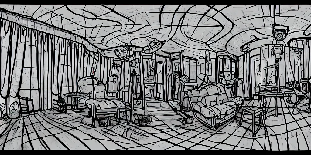 Image similar to a dimly lit, theater dressing room, with a mirror, a chair, a couch, day of the tentacle style, drawn by Peter Chan, 5 point perspective