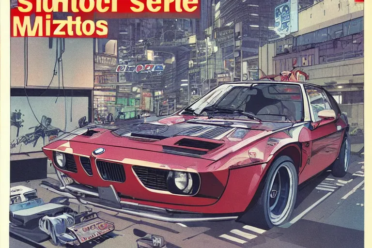 Image similar to 1969 Popular Science Magazine Cover BMW M1 Stratos, city in anime cyberpunk style by Hayao Miyazaki