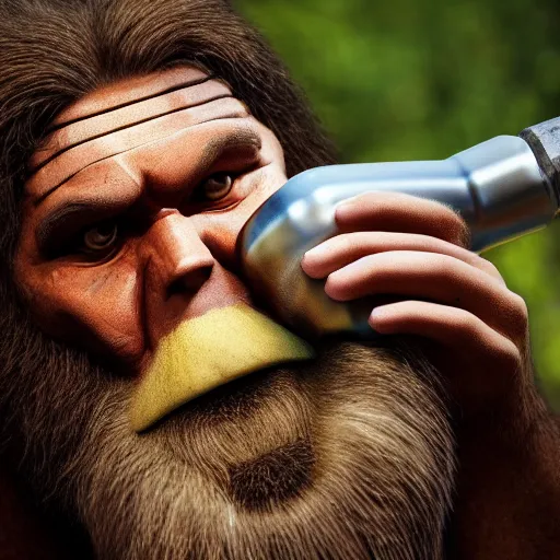 Image similar to photo of ancient caveman drinking a single beer can, high detail, ultra realistic, 4k UHD, pristine