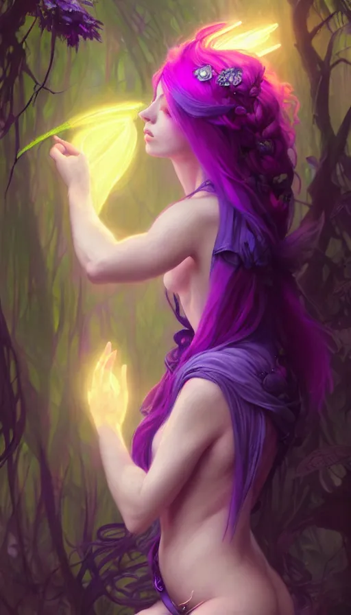 Image similar to stunningly beautiful female neon and purple hair, fantasy art, fae priestess, lush forest landscape, dark light night, goddess sharp focus, digital, painting, 8 k, concept art, art by wlop, artgerm, greg rutkowski and alphonse mucha