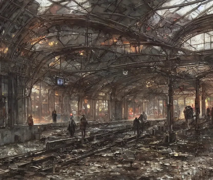 Image similar to post-apocalyptic urban train station, by Konstantin Razumov, horror scene, highly detailded