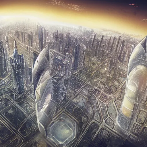 Image similar to russian high - rise buildings, in the style of the futuristic future, the destroyed moon in the sky, photorealism, digital painting, 4 k,