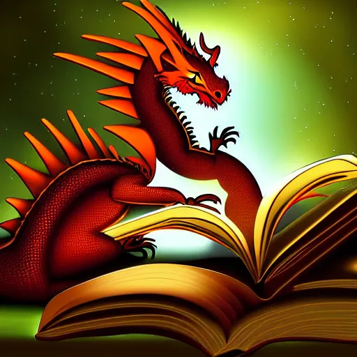 Image similar to dragon reading a book underneath the stars, digital art
