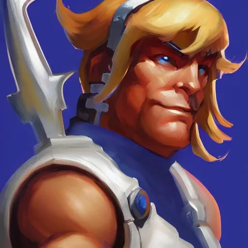 Image similar to greg manchess portrait painting of he - man as overwatch character, medium shot, asymmetrical, profile picture, organic painting, sunny day, matte painting, bold shapes, hard edges, street art, trending on artstation, by huang guangjian and gil elvgren and sachin teng