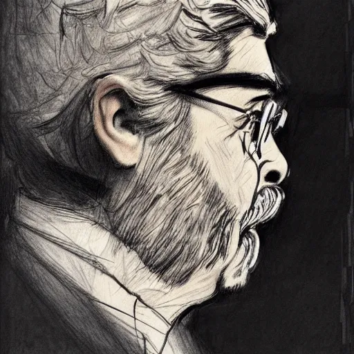 Image similar to a realistic yet scraggly portrait sketch of the side profile of a stern and sophisticated george lucas, trending on artstation, intricate details, in the style of frank auerbach, in the style of sergio aragones, in the style of martin ansin, in the style of david aja, in the style of mattias adolfsson