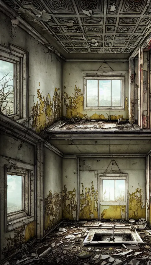 Image similar to a beautiful hyperdetailed illustration of building urbex abandoned bathroom by wes anderson, futuristic desert liberty city sea nature apocalyptic, archdaily, wallpaper, highly detailed, trending on artstation.