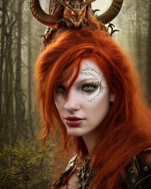 Image similar to 5 5 mm portrait photo of an armored gorgeous anesthetic redhead woman warrior with a face tattoo and horns growing from her head, and small dragon sitting on her shoulder in a magical forest in the style of stefan kostic, art by luis royo. highly detailed 8 k. intricate. lifelike. soft light. nikon d 8 5 0. cinematic post - processing