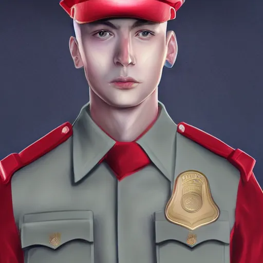 Image similar to pale skin security officers beige uniform and caps % glowing red skin % trending on artstation high detail digital painting