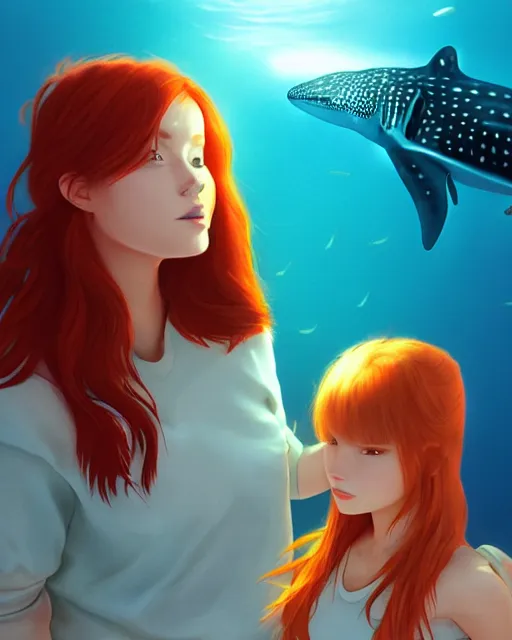 Prompt: whale shark with redhead girl, radiant lighting, cinematic, artstation by moebius