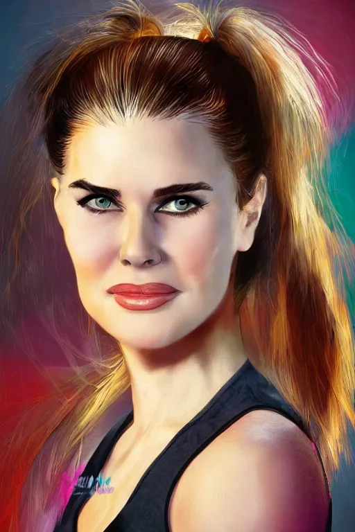 Image similar to mix of beautiful young maria shriver, mariel hemmingway, brooke shields, nicole kidman and elle macpherson as a zumba instructor, thin lips, hair tied up in a pony tail, dark blonde hair, colorful, artstation, cgsociety