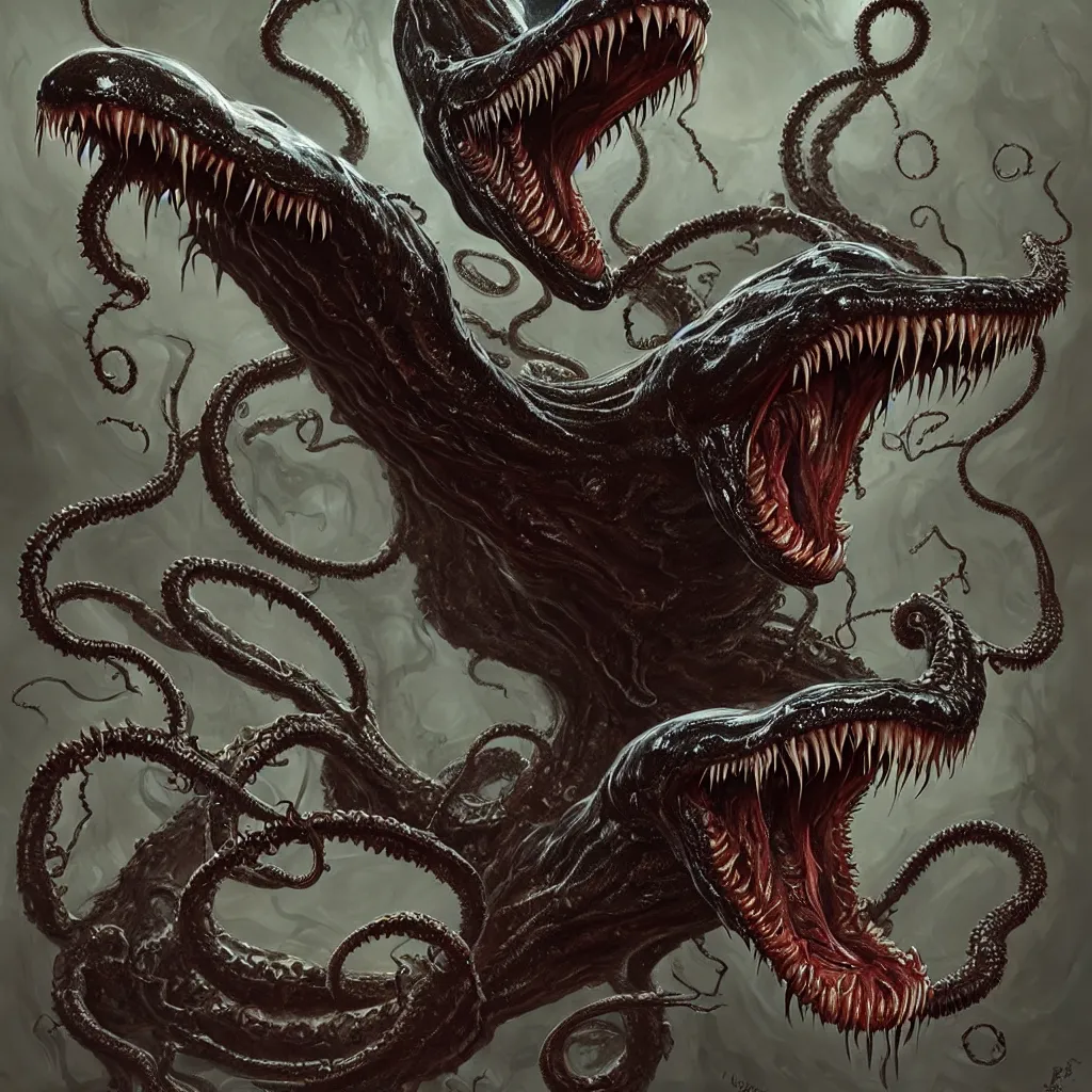 Image similar to venom, large mouth with teeth!!!!, elongated arms, short legs, lovecraftian horror!, surrealism, fantasy, intricate, elegant, highly detailed, digital painting, artstation, concept art, matte, sharp focus, illustration, art by keith thompson and christopher lane