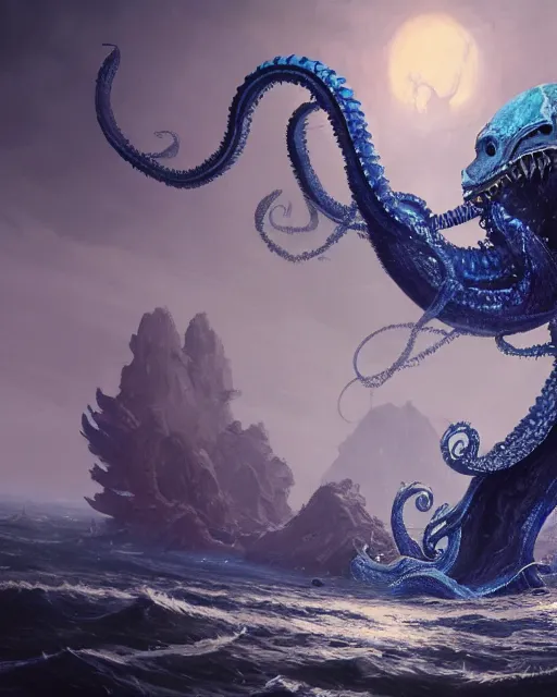 Image similar to A blue Kraken in the sea, highly detailed, fantasy art, female art, in the style of greg rutkowski, illustration, epic, fantasy, intricate, hyper detailed, artstation, concept art, smooth, sharp focus, ray tracing