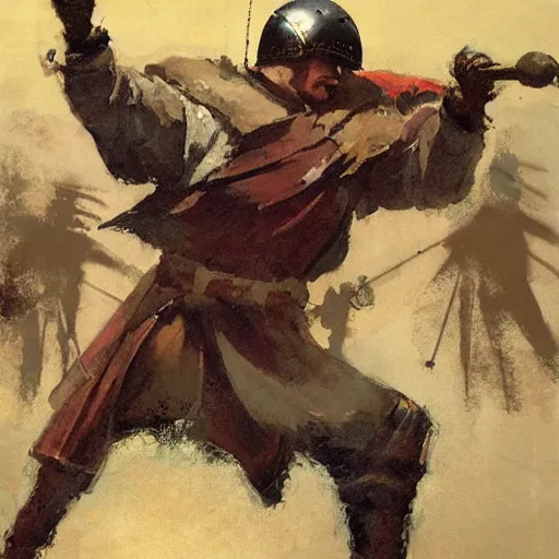 Image similar to man wearing gambeson and medieval helmets, swining sword, fighting, detailed by greg manchess, craig mullins, bernie fuchs, walter everett