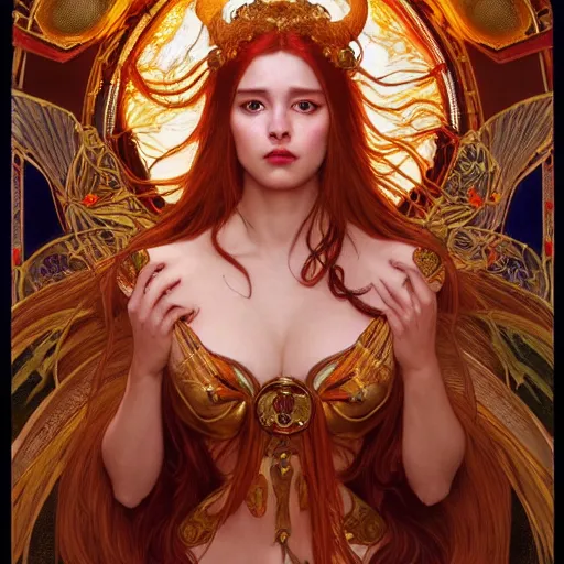 Image similar to an portrait of a beautiful alluring female demon goddess with fire in her glowing eyes, detailed, centered, digital painting, artstation, concept art, donato giancola, Dante Gabriel Rossetti, alphonse mucha, Joseph Christian Leyendecker, WLOP, Boris Vallejo, Breathtaking, 8k resolution, extremely detailed, beautiful, establishing shot, artistic, hyperrealistic, beautiful face, octane render