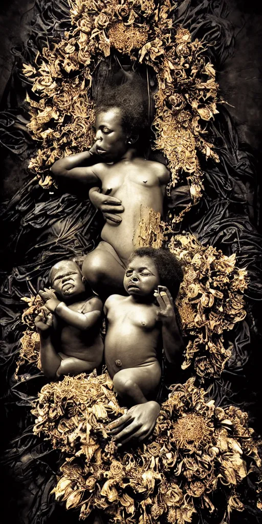 Prompt: award winning photo of sacred ritualistic black mother and baby draped in shiny gold and puking blood, human sacrifice, death, frantic, rotten flesh, flowers, evil cult, mysticism, vivid colors, weird and disturbing, symmetrical face, neon lights, studio lighting, wide shot art by sally mann & arnold newman