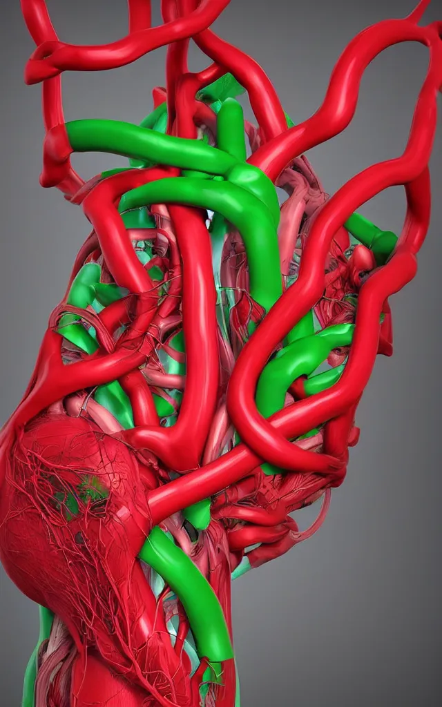 Prompt: intricated scientific medical 3d animation of the muscles and veins of a heart arteries with a heart in their hands photography 3d octane plastic render greenchromakey plastic rim light