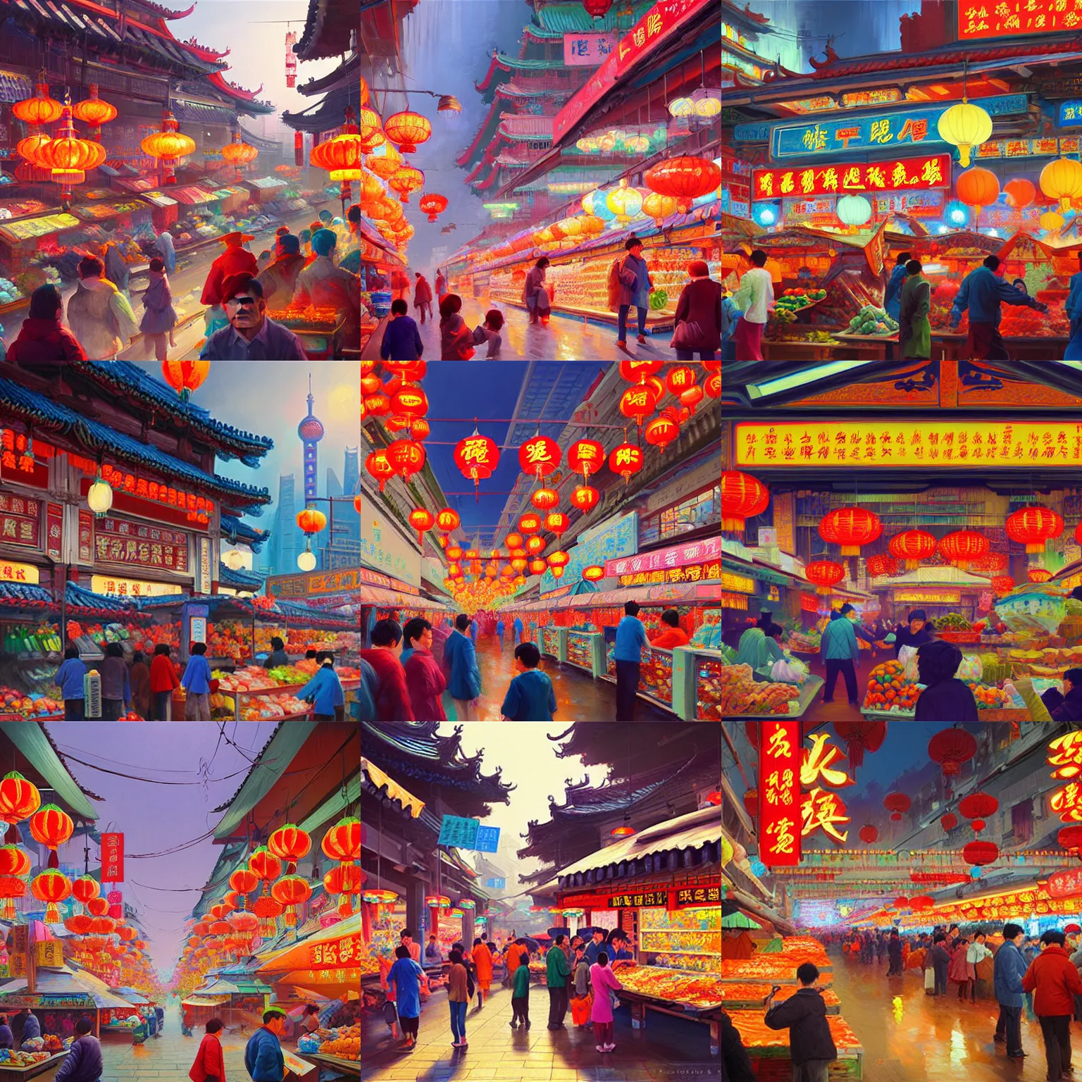 Prompt: A scene at the prosperous shanghai markets, detailed photorealistic oil painting by Zhang Zeduan and Anton Fadeev