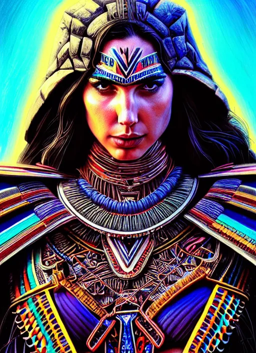 Prompt: portrait of gal gadot, hyper detailed ultra sharp aztec shaman warrior. trending on artstation, warpaint aesthetic, bloodwave, colorful, psychedelic, ornate, intricate, digital painting, concept art, smooth, sharp focus, illustration, art by artgerm and greg rutkowski and h. r. giger, 8 k