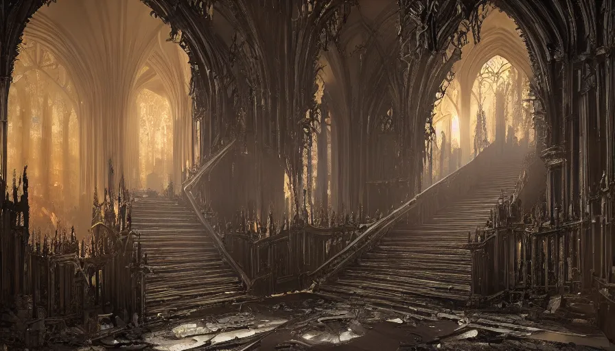 Image similar to Inside of a burning damaged Neo-Gothic castle's entrance hall with big stairs, fire with ashes, hyperdetailed, artstation, cgsociety, 8k