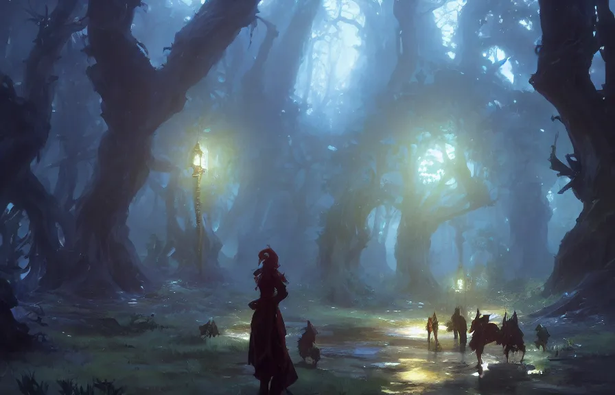 Image similar to greg manchess concept art of a the elderwood dimension, key visual, ambient lighting, highly detailed, digital painting, artstation, concept art, sharp focus, by makoto shinkai and akihiko yoshida and hidari and wlop and greg rutkowski