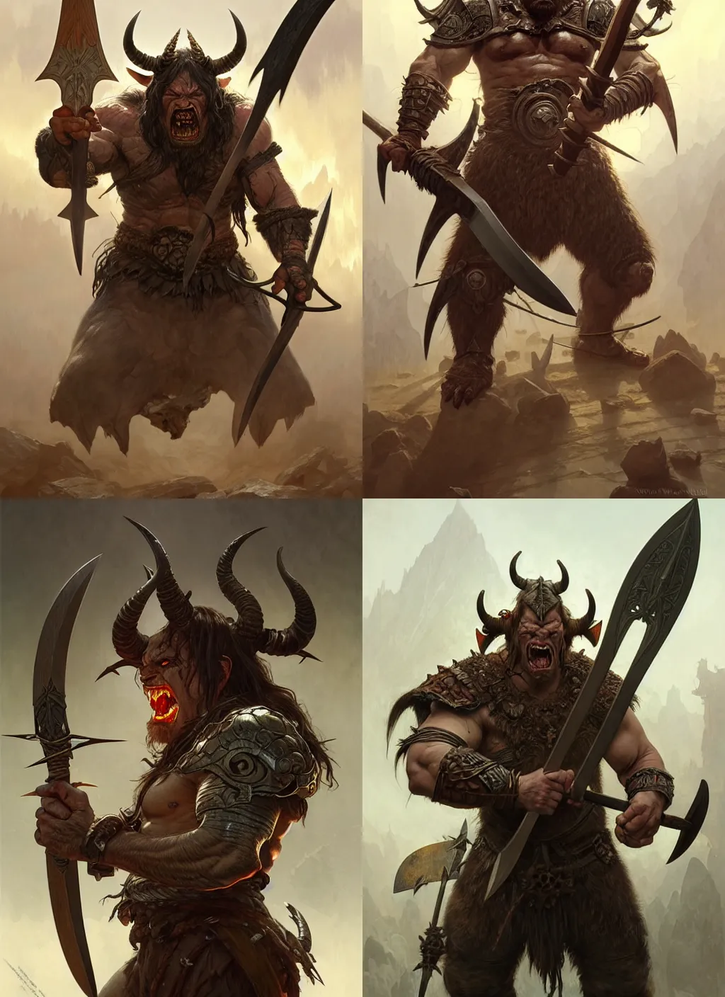 Prompt: a beautiful illustration of an attacking orc with horns in head holding a battle axe, intricate, sharp focus, illustration, highly detailed, digital painting, concept art, matte, art by wlop and artgerm and greg rutkowski and alphonse mucha, masterpiece