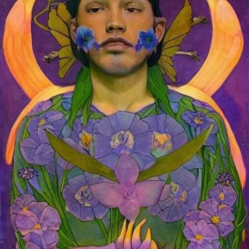 Image similar to the flower prince, by Annie Swynnerton and Nicholas Roerich and Diego Rivera, bioluminescent skin, tattoos, wings made out of flowers, elaborate costume, geometric ornament, symbolist, cool colors like blue and green and violet, smooth, sharp focus, extremely detailed