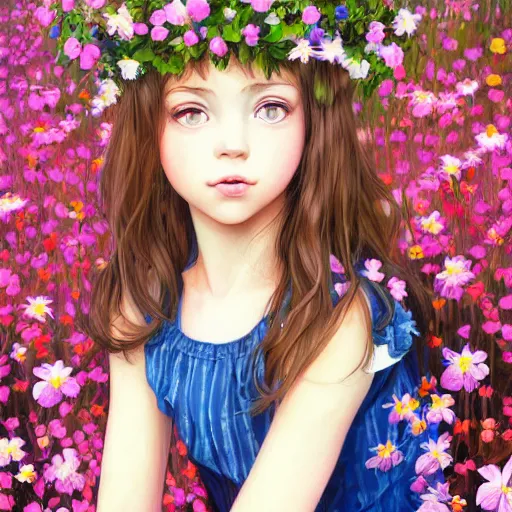 Image similar to a painting of a little girl with short wavy curly light brown hair and blue eyes, sitting in a field of flowers. beautiful detailed face line art by ilya kuvshinov and