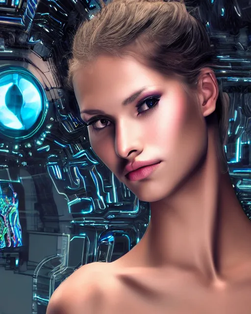 Prompt: fashion portrait, most beautiful girl in the world, glowing cybernetic augments, hyperrealism, year 2447, cdx