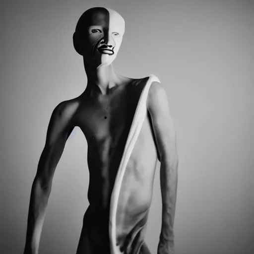 Prompt: fashion photography of a genderless extraterrestrial model, aphex twin, photo 3 5 mm leica, hyperdetail, berghain, 8 k, very detailed, black and white