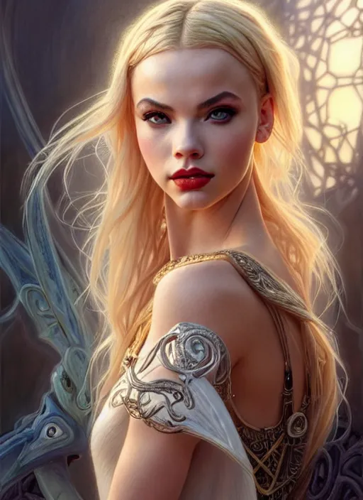 Image similar to ultra realistic illustration, a stunningly beautiful greek gothic goddess of chaos played by jordyn jones and dove cameron and margot robbie and taylor swift and megan fox and adriana lima, intricate, elegant, highly detailed, digital painting, artstation, concept art, smooth, sharp focus, illustration, art by artgerm and greg rutkowski and alphonse mucha