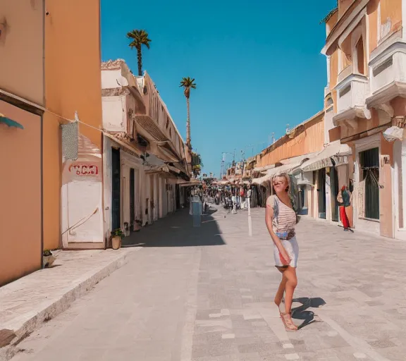 Image similar to photo of lido di ostia streets, cinematic color grading, various poses, soft light, faded colors, well framed, sharp focus, 8 k