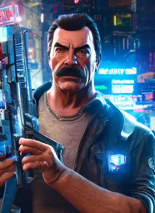 Image similar to film still of tom selleck as johnny silverhand in cyberpunk 2 0 7 7, gameplay, 8 k, hd